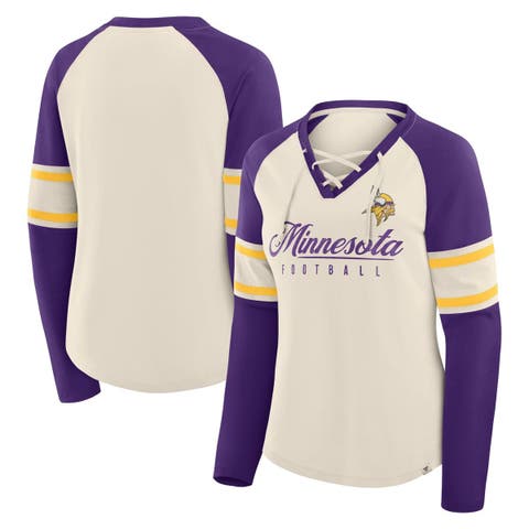 Women's Fanatics Cream/Purple Minnesota Vikings Hometown Gridiron Hero Raglan Lace-Up V-Neck Long Sleeve T-Shirt