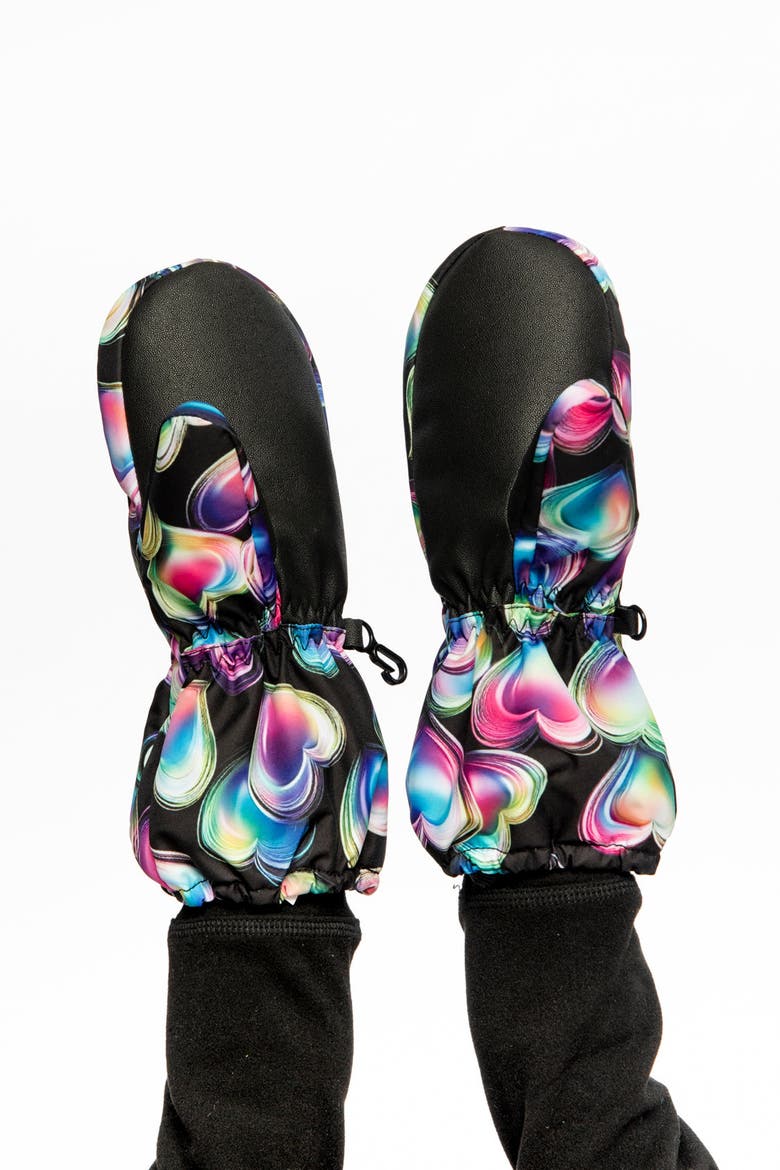 Heart Play Waterproof Rubberized Palm Winter Mittens, Alternate, color, Black Printed with Hearts