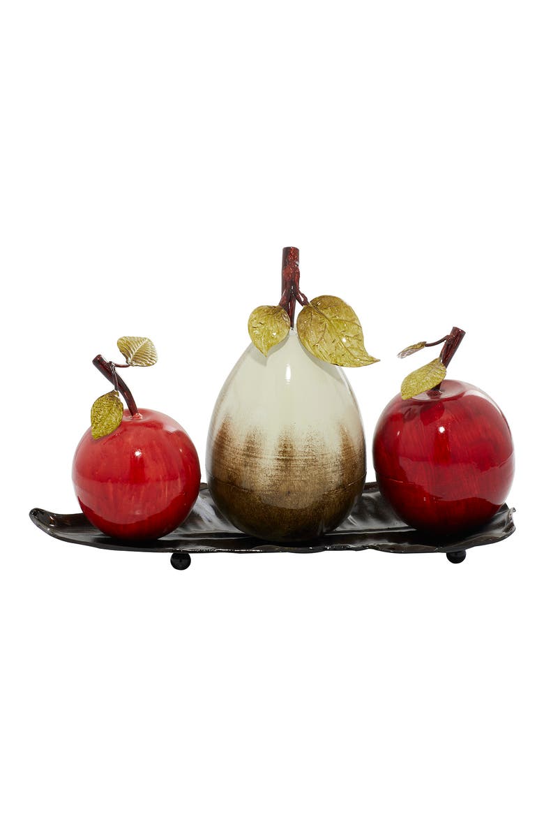 Red Metal Decorative Fruit Sculpture with Platter, Main, color, MULTI