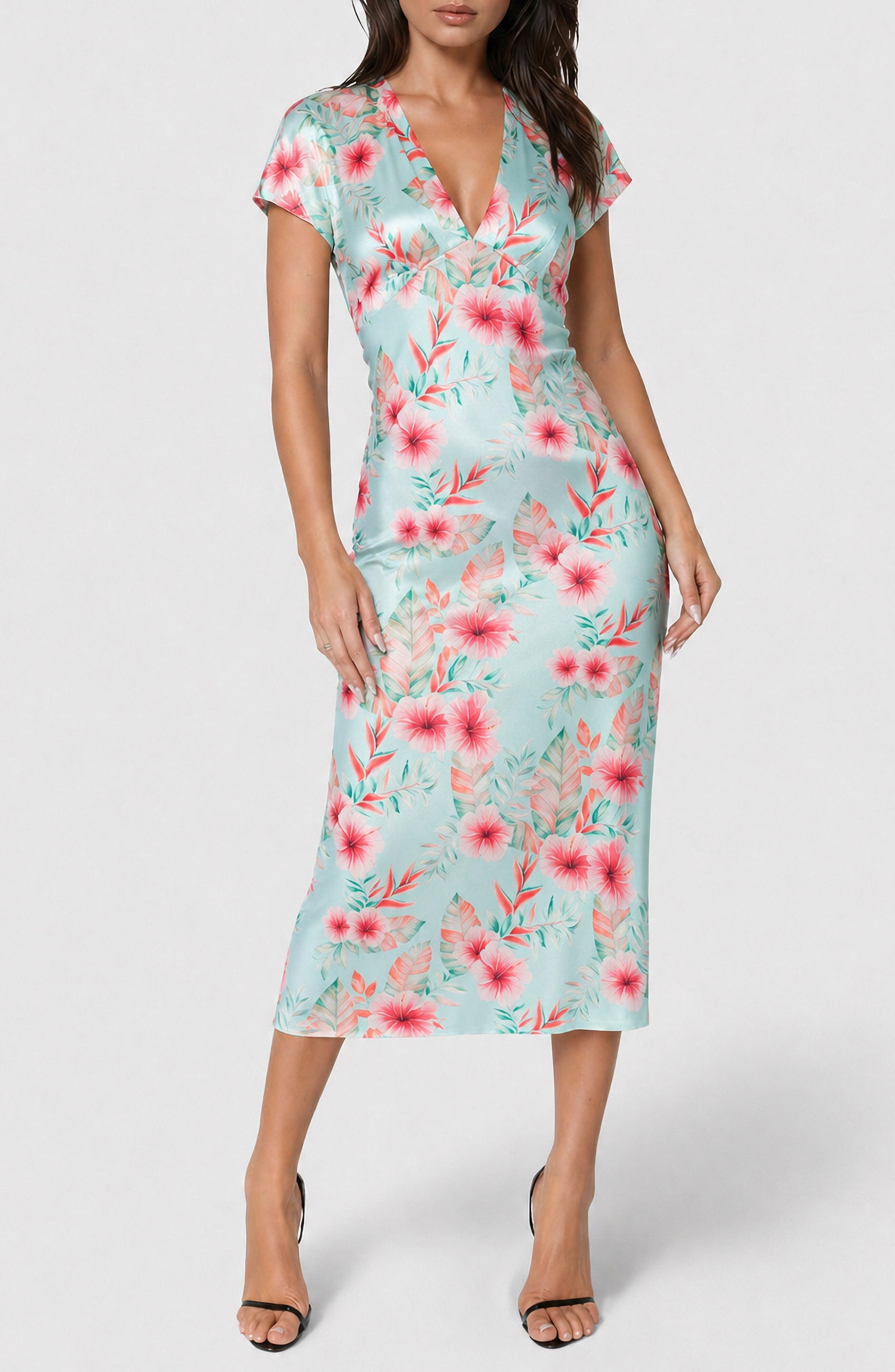 bebe Satin V-Neck Midi Dress