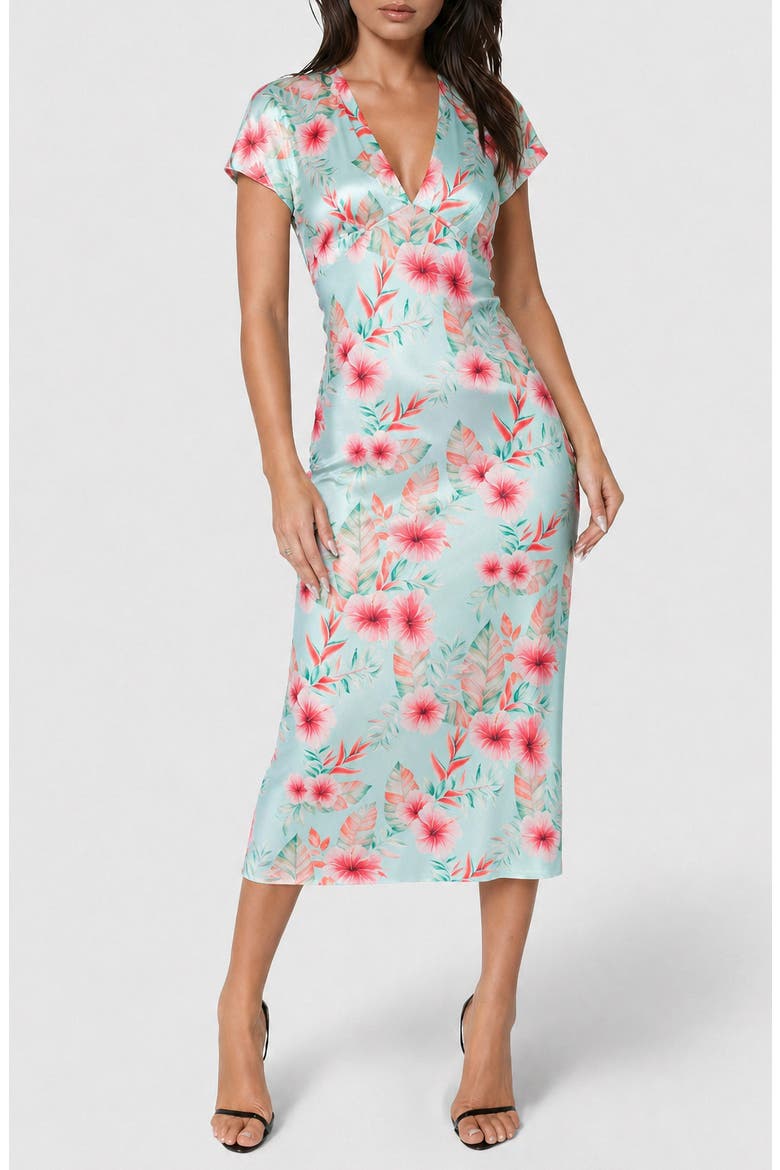 Satin V-Neck Midi Dress, Main, color, SEAFOAM