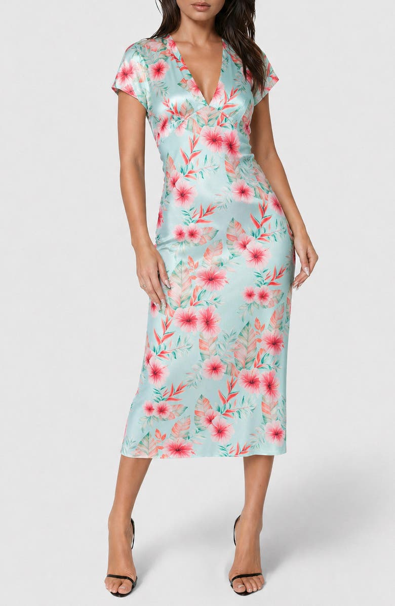 bebe Satin V-Neck Midi Dress, Main, color, Seafoam