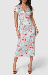 bebe Satin V-Neck Midi Dress