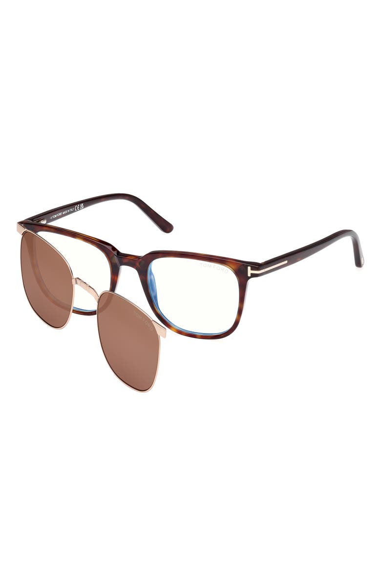TOM FORD 50mm Square Blue Light Blocking Optical Glasses & Clip-On Sunglasses, Alternate, color, Havana Eco / T Logo