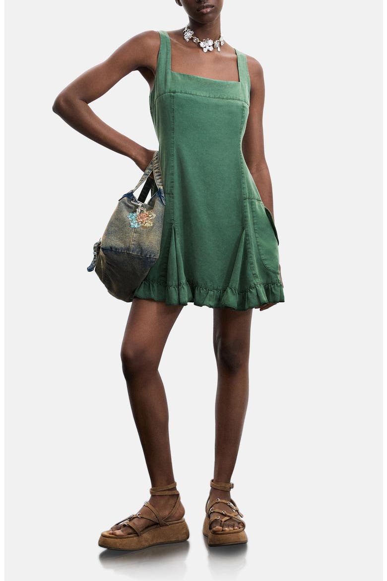 Square Neck Ruffle Hem Minidress, Main, color, MILITARY GREEN
