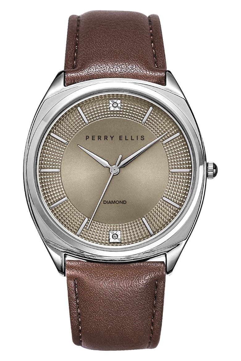 Slim Diamond Leather Strap Watch, 41mm, Main, color, SILVER