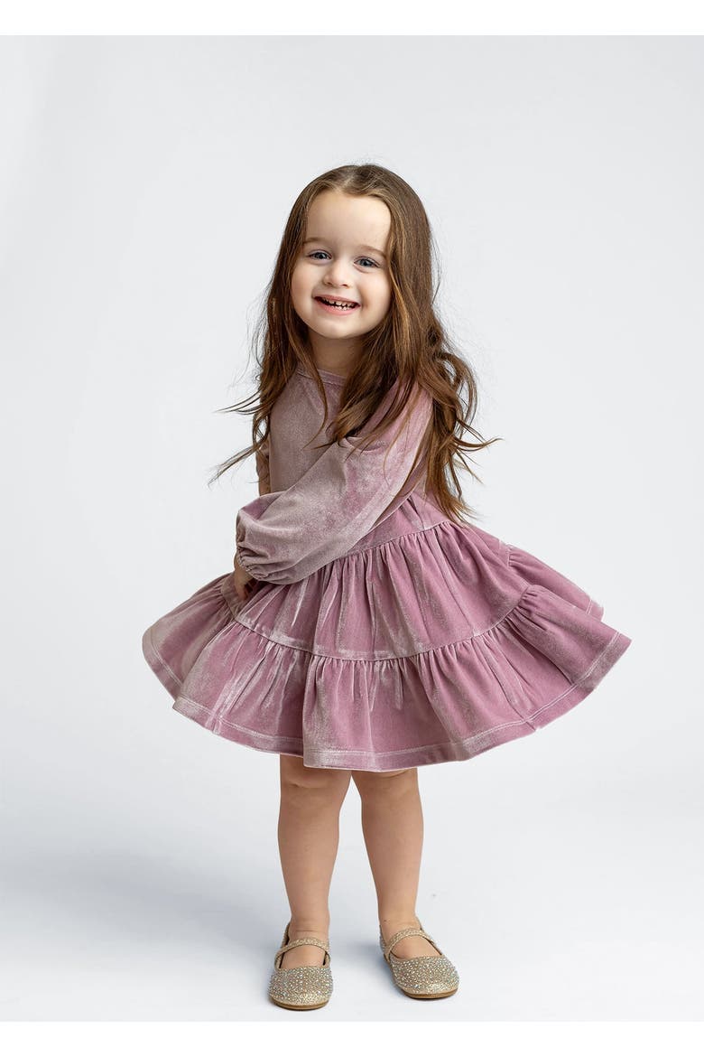 Sugarplum Sparkle Long Sleeve Raglan Tiered Velvet Dress, Main, color, Purple
