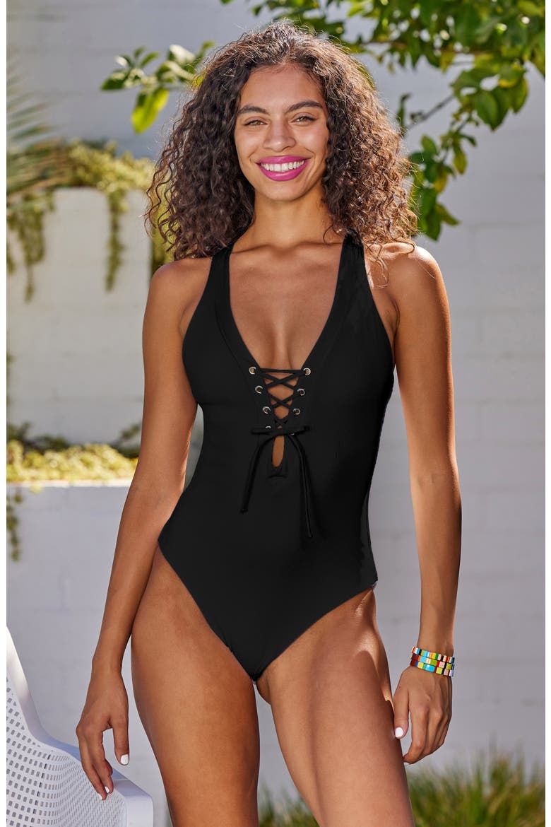 Modern Edge Lace-Up Plunge One-Piece Swimsuit, Alternate, color, BLACK