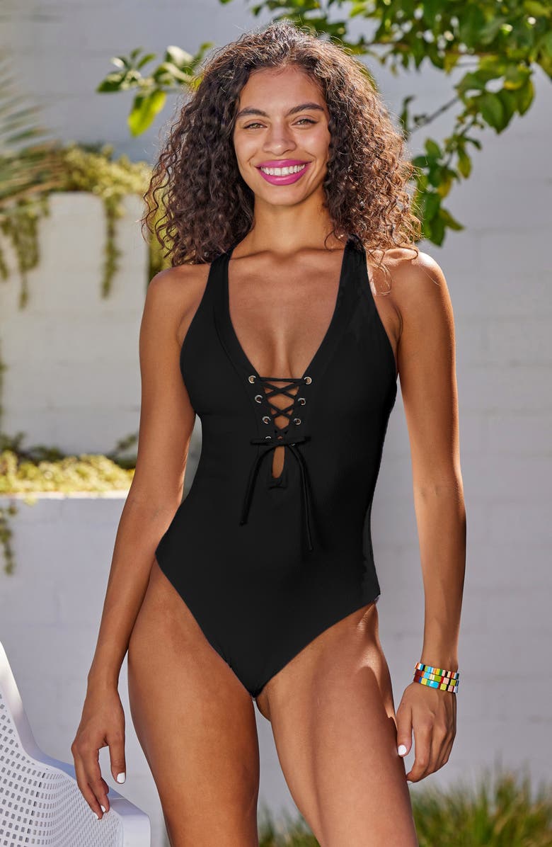 Becca Modern Edge Lace-Up Plunge One-Piece Swimsuit, Alternate, color, Black