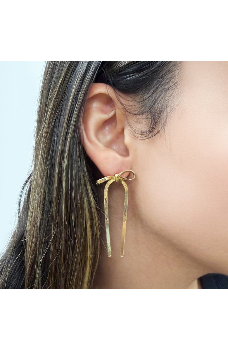 The Lovery Fine Jewelry Herringbone Bow Earrings, Alternate, color, Gold-Plated Sterling Silver
