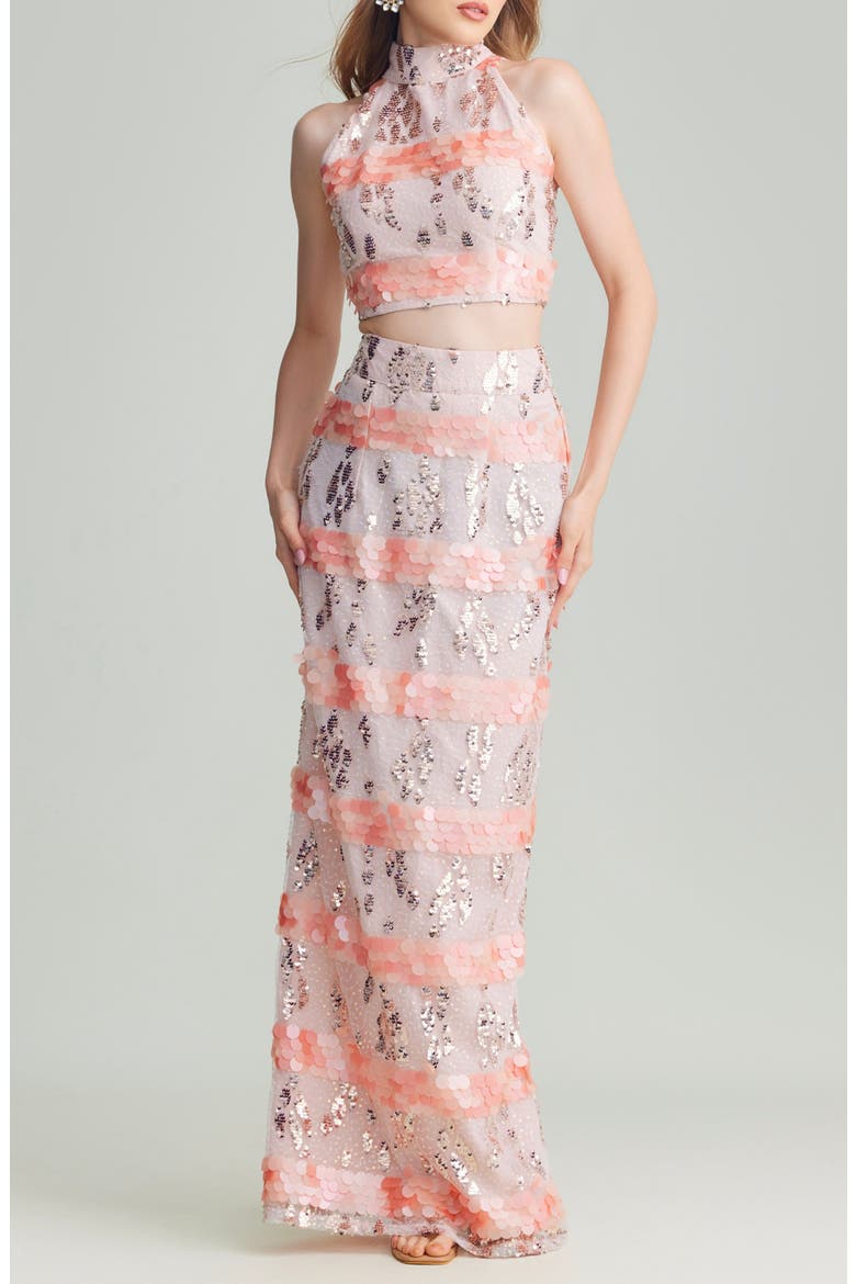 Saana Sequin & Paillette Embellished Crop Top & Skirt Set, Main, color, PINK