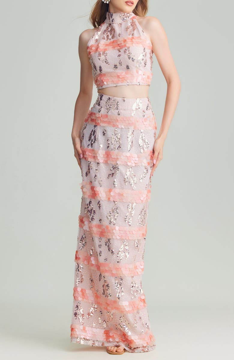 holiCHIC Saana Sequin & Paillette Embellished Crop Top & Skirt Set, Main, color, Pink