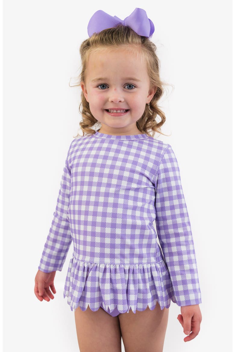 Kids' Wisteria Gingham Long Sleeve Peplum UPF 50+ Two-Piece Rashguard Swimsuit, Alternate, color, PURPLE