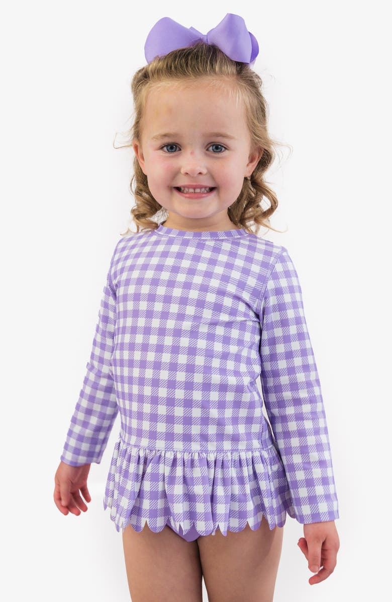 RuffleButts Kids' Wisteria Gingham Long Sleeve Peplum UPF 50+ Two-Piece Rashguard Swimsuit, Alternate, color, Purple