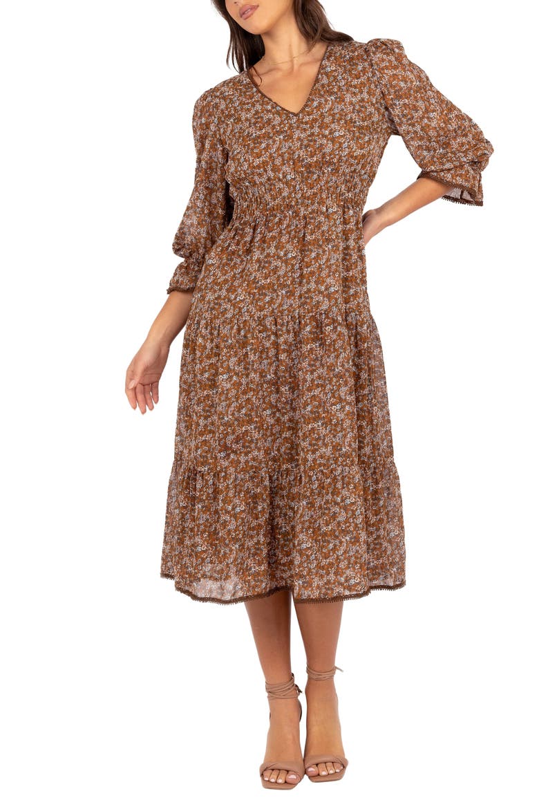 Simone Floral Print Midi Dress, Main, color, CAMEL