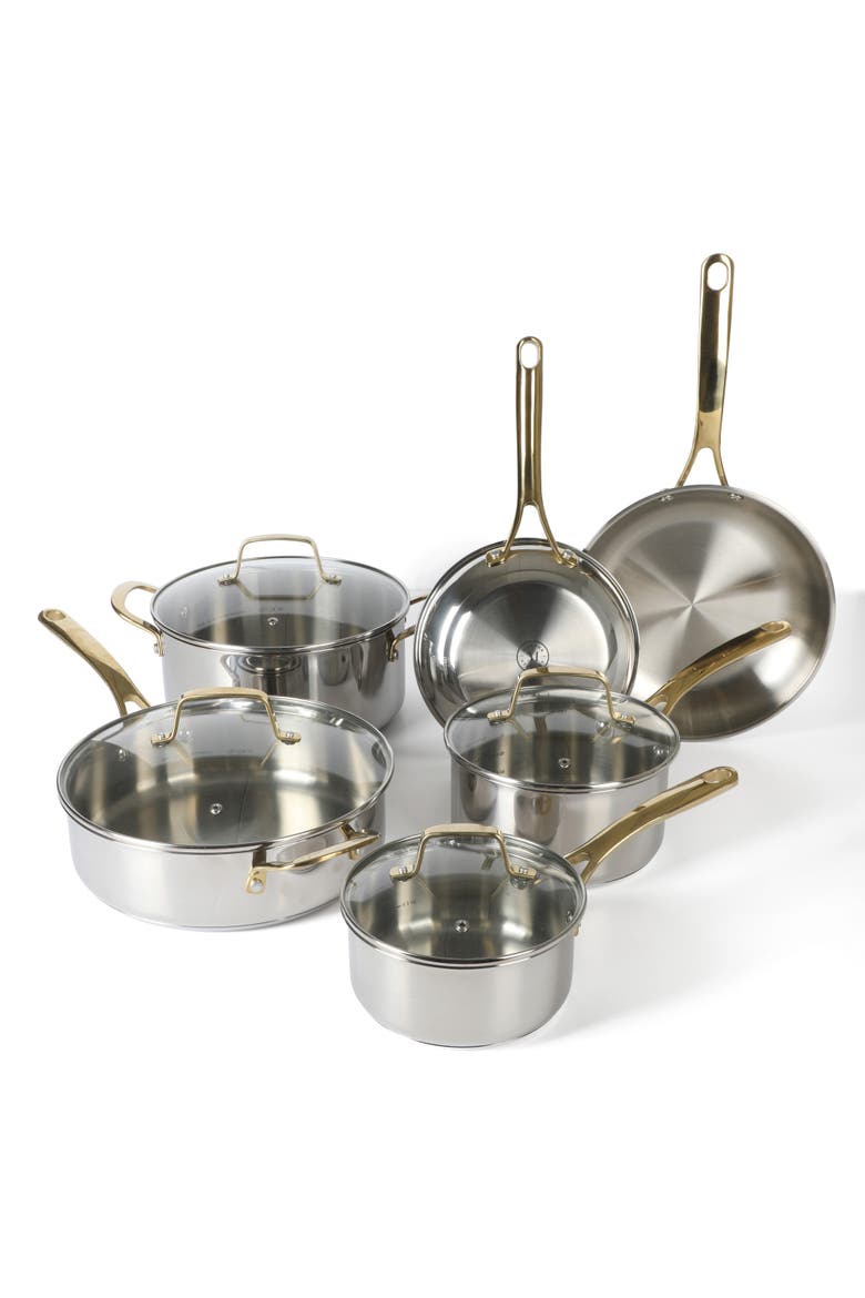Castelle 10-Piece Stainless Steel Induction-Safe Nonstick Cookware Set, Main, color, Stainless Gold Handle