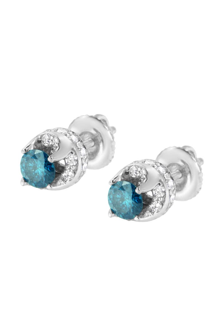 14K White Gold 1.00 Ct Blue and White Diamond Hidden Halo Stud Earrings, Alternate, color, White