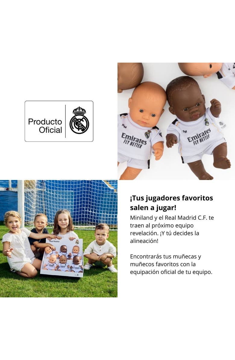 Miniland 8 1/4 inch Baby Girl Doll with Real Madrid Soccer Jersey, Alternate, color, Dark Skin