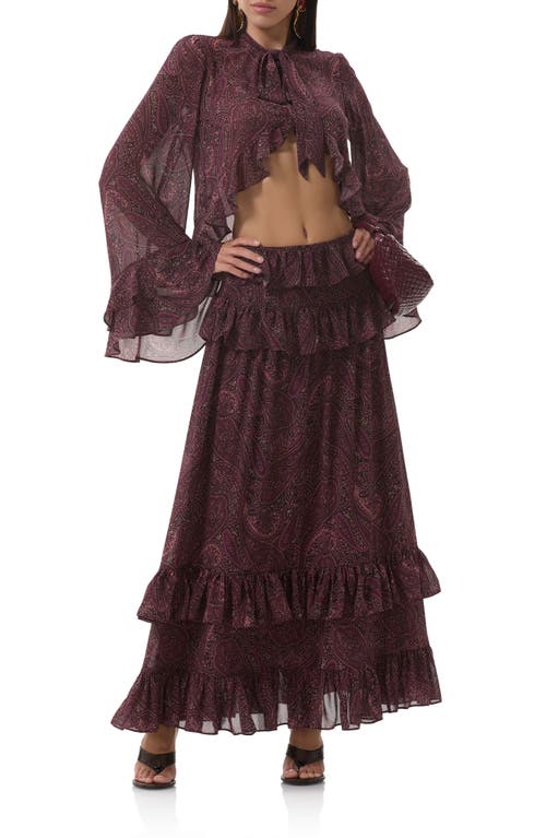 Afrm Aldora Paisley Bell Sleeve Crop Top In Burgundy