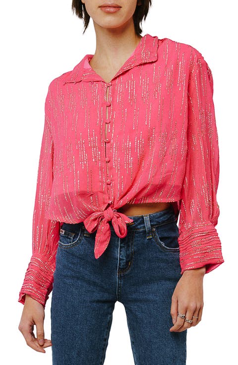 Aurora Metallic Tie Hem Button-Up Top
