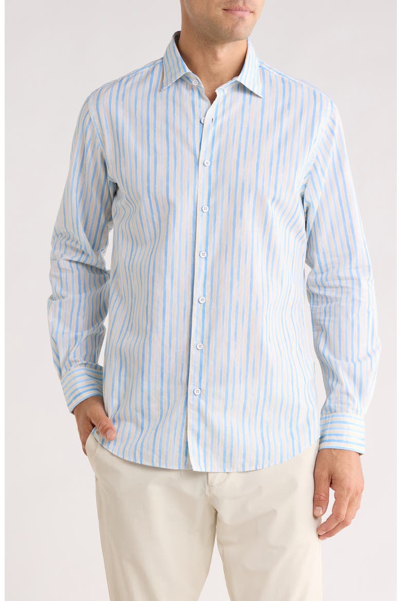 Forest Gate Sport Fit Stripe Linen & Cotton Button-Up Shirt, Main, color, OCEAN