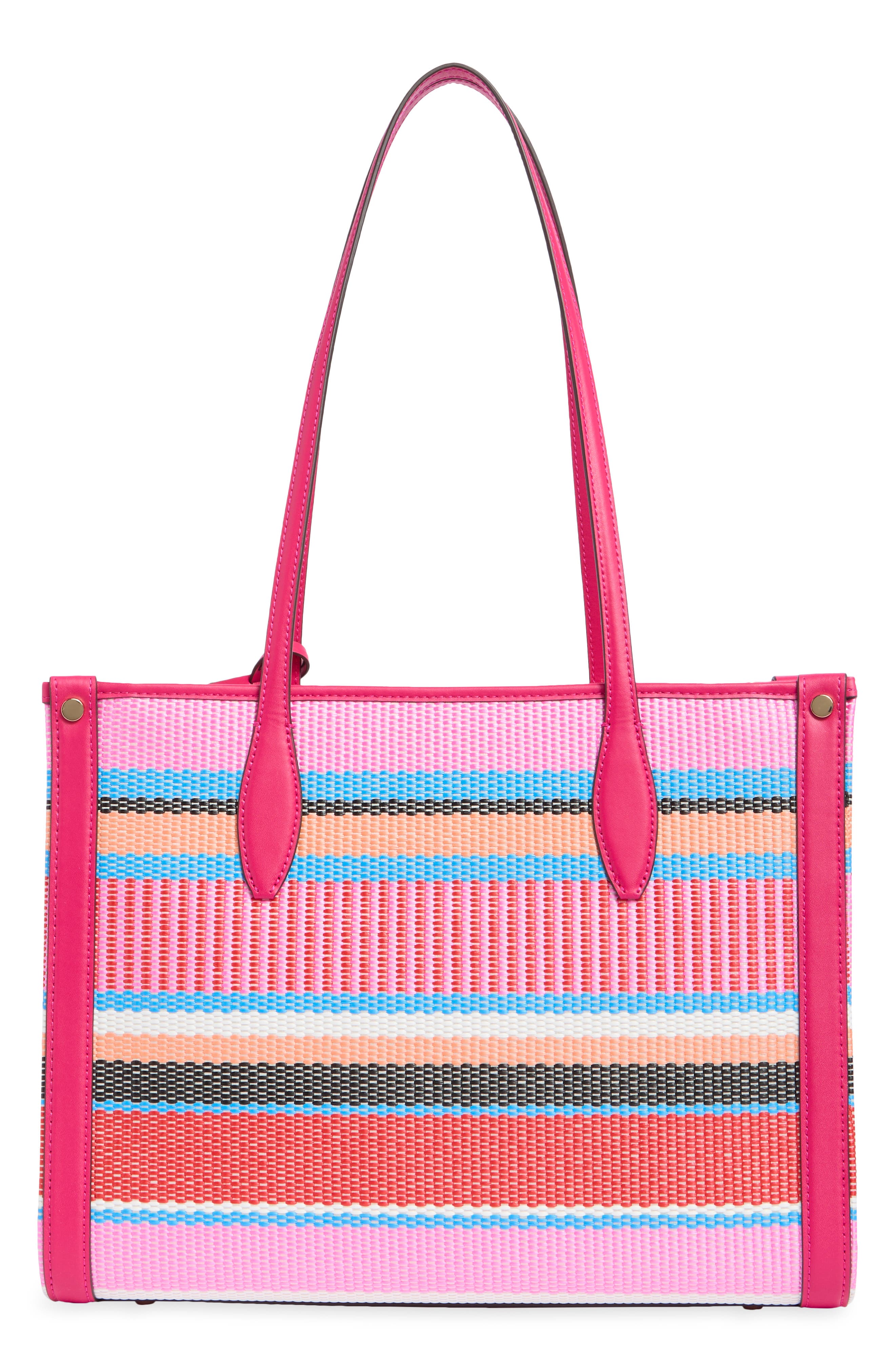 Manhattan Medium Striped Woven Straw Tote, Alternate, color, WILD RASPBERRY MULTI