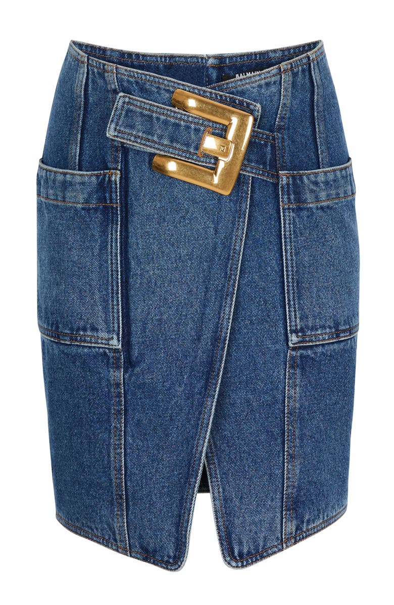 Balmain Short denim skirt with belt, Alternate, color, Blue