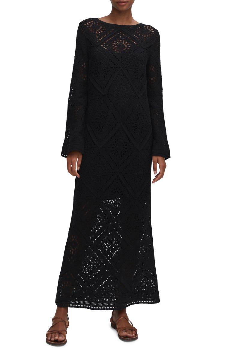 Crochet Long Sleeve Maxi Dress, Main, color, BLACK