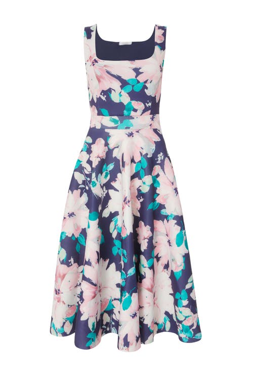 Quiz Floral Scuba Foam Square Neck Maxi Skater In Navy