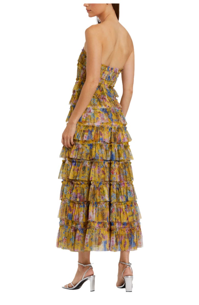 Mac Duggal Ruffle Mesh Strapless Midi Dress, Alternate, color, Yellow Multi