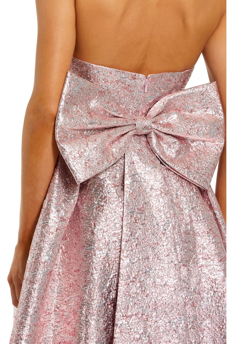 Metallic Strapless Brocade Gown With Oversized Bow, Alternate, color, Raspberry