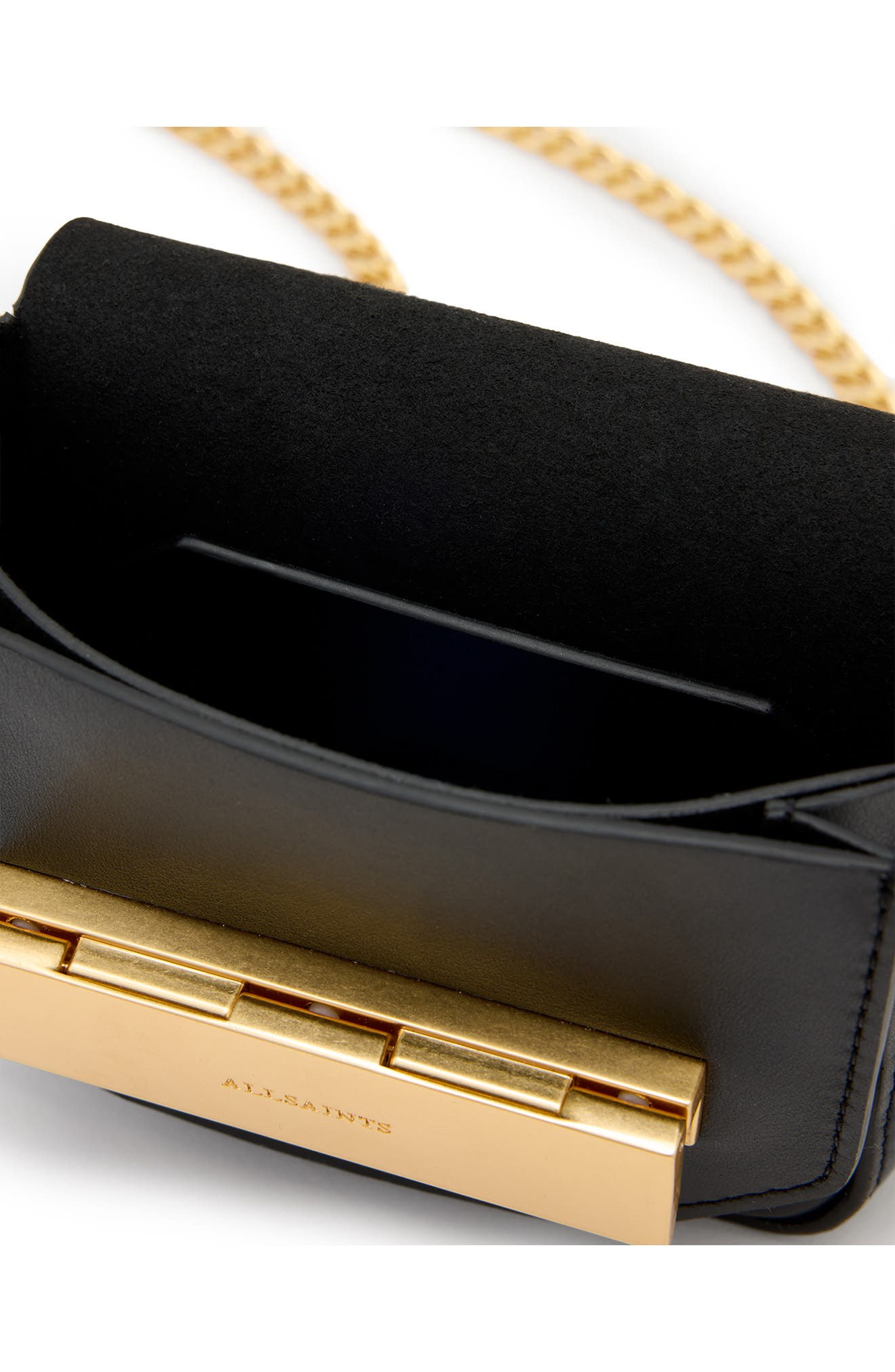 AllSaints Etta Leather Chain Crossbody Bag, Alternate, color, Black