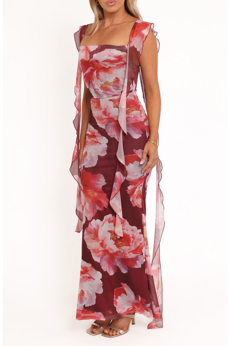 Chiara Floral Flutter Ruffle Maxi Dress, Alternate, color, BURGUNDY PEONY