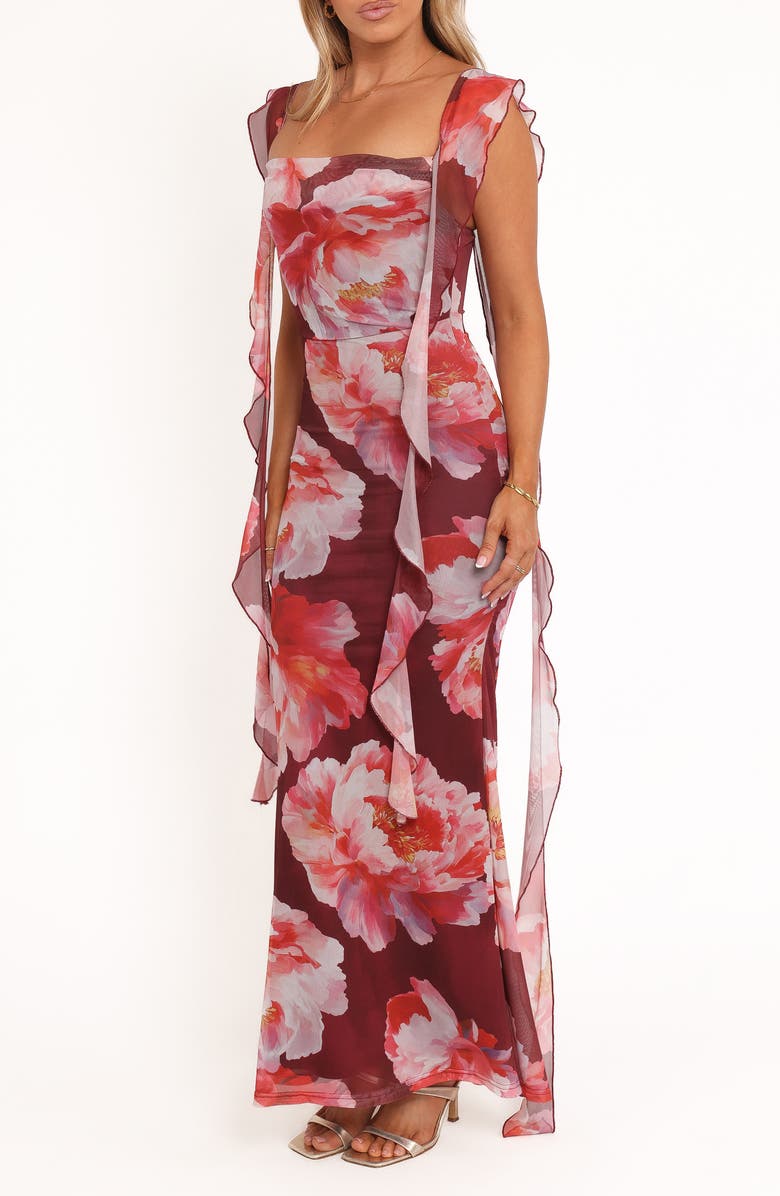 Petal & Pup Chiara Floral Flutter Ruffle Maxi Dress, Alternate, color, Burgundy Peony