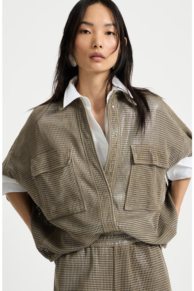 Sparkling leather net shirt, Alternate, color, Khaki