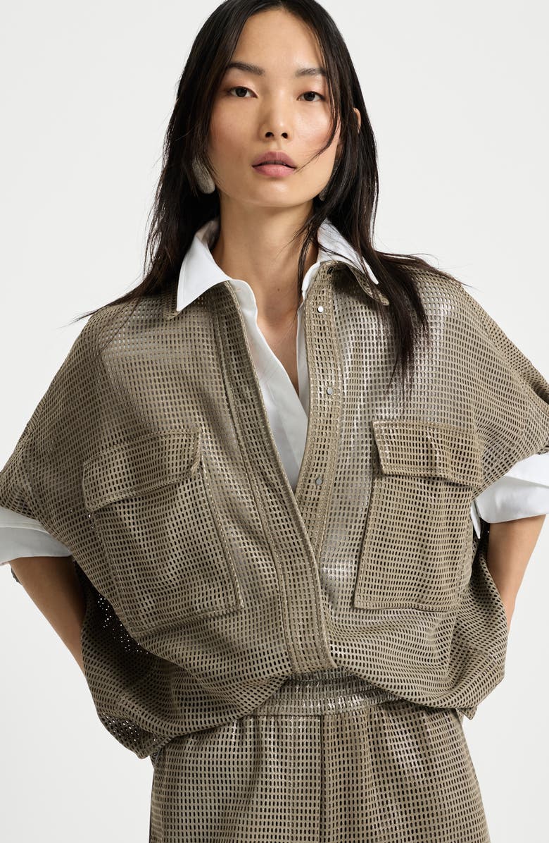 Brunello Cucinelli Sparkling leather net shirt, Alternate, color, Khaki