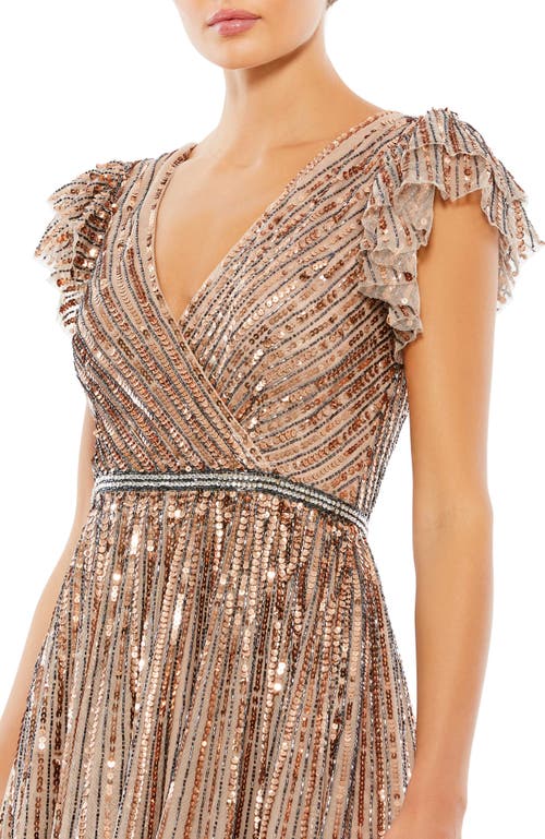 Mac Duggal Sequined Wrap Over Ruffled Cap Sleeve Gown In Copper