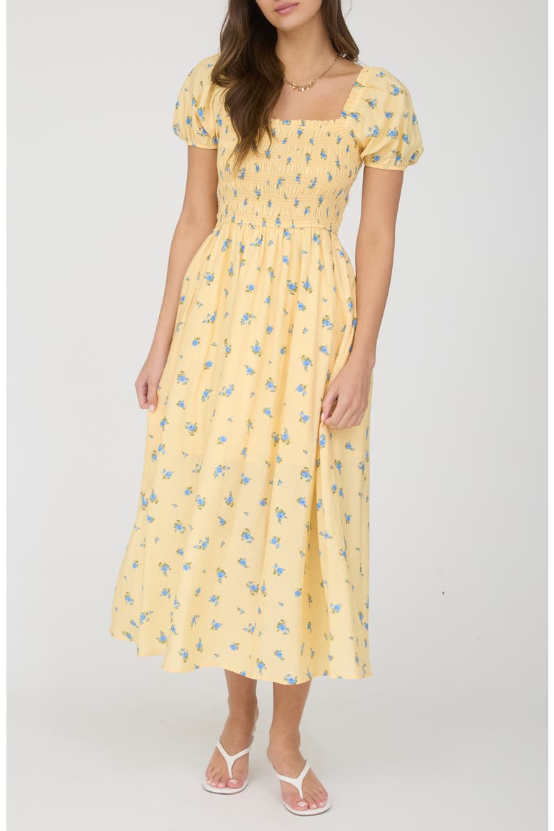 Puff Sleeve Midi Dress, Main, color, YELLOW/ BLUE