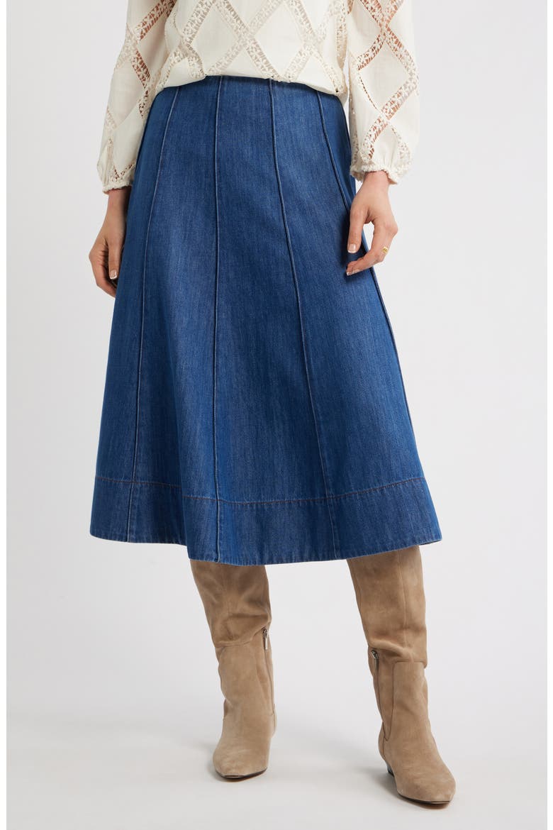 Seamed A-Line Denim Midi Skirt, Main, color, DARK WASH