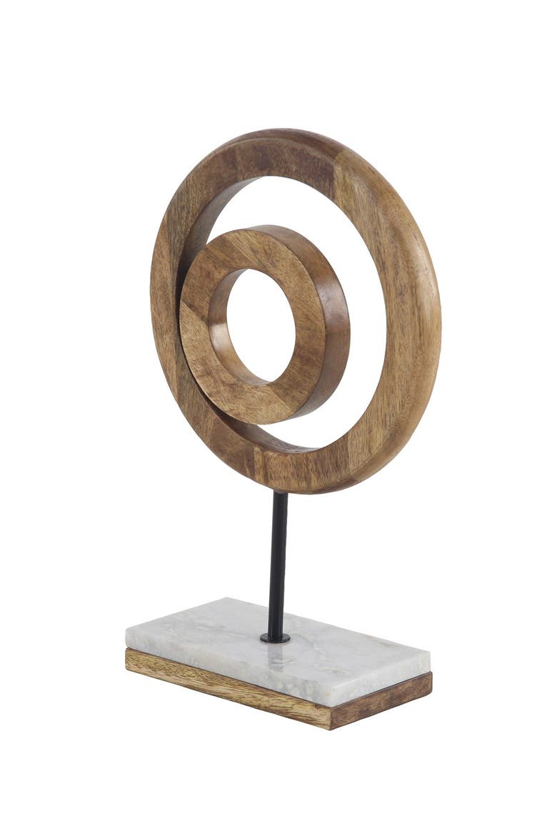 Brown Mango Wood Circle Geometric Sculpture with Marble Stand, Alternate, color, BROWN