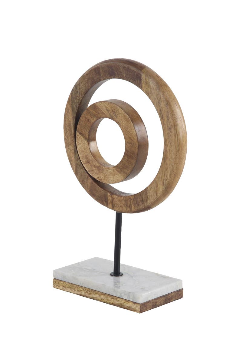 WILLOW ROW Brown Mango Wood Circle Geometric Sculpture with Marble Stand, Alternate, color, 