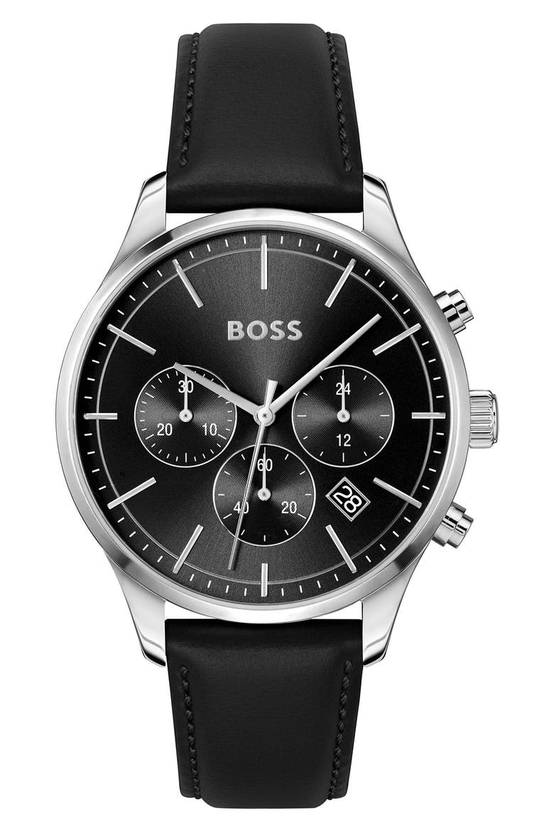 Avery Chronograph Leather Strap Watch, 42mm, Main, color, BLACK