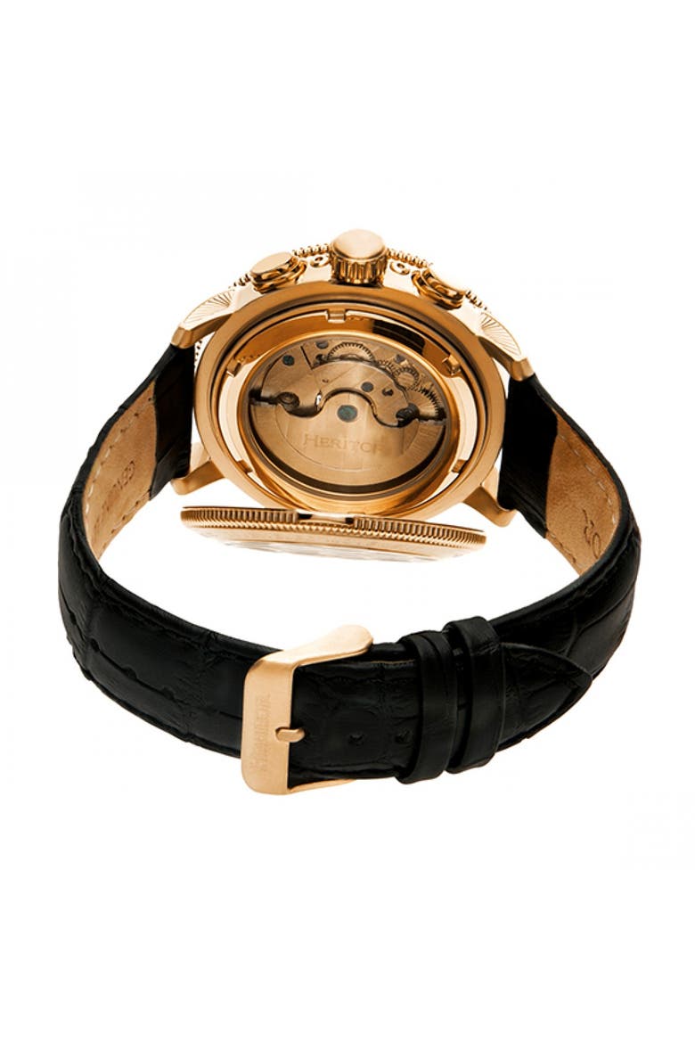 Aura Men's Semi-Skeleton Leather-Band Watch, Alternate, color, Rose Gold/Black