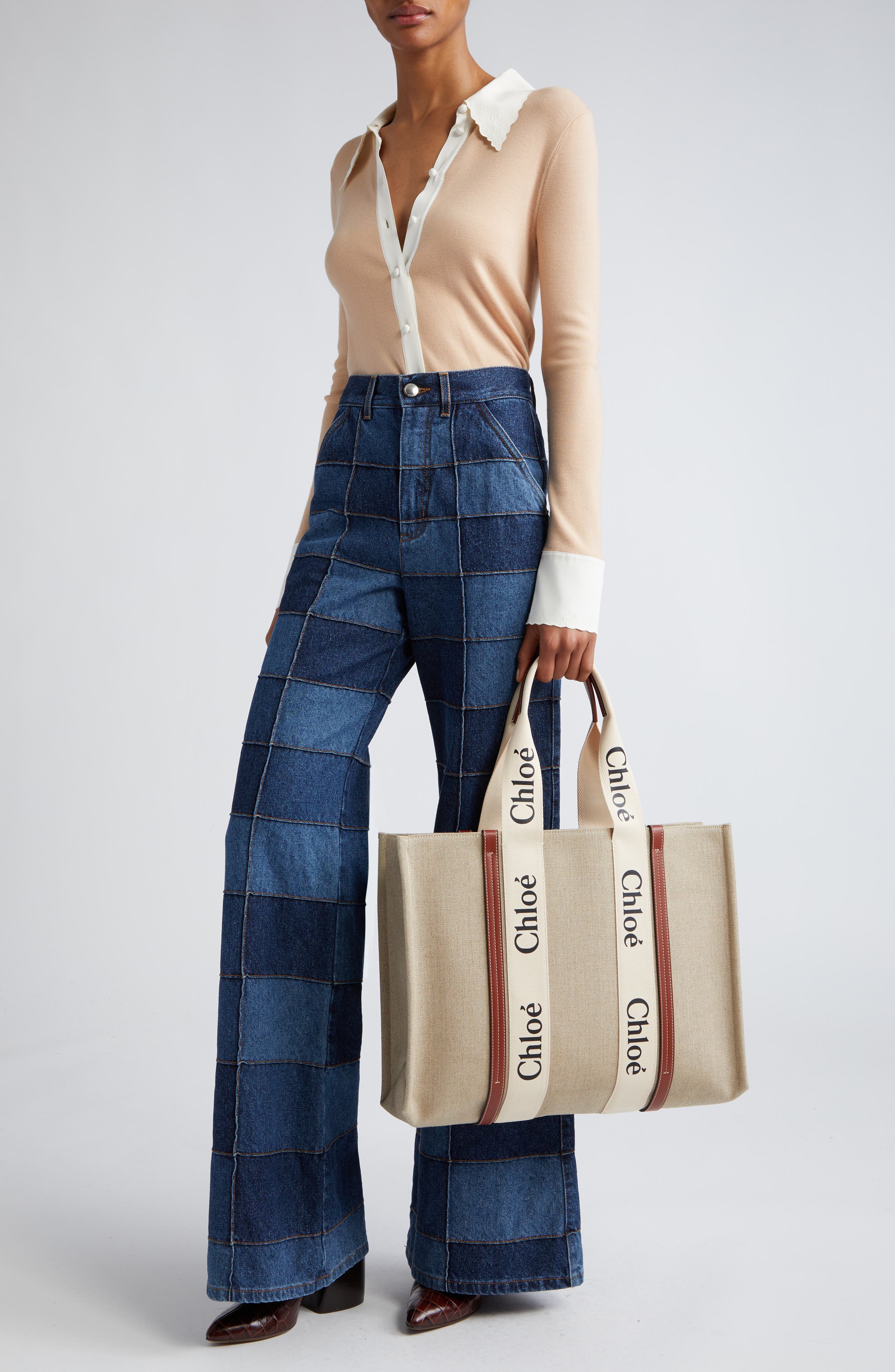 Chloé Large Woody Linen Tote, Alternate, color, White - Brown 1