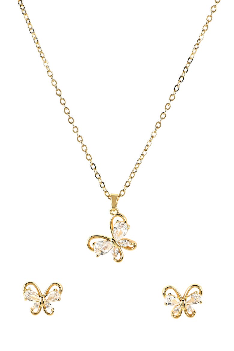 Cubic Zirconia Butterfly Pendant Necklace & Stud Earrings Set, Alternate, color, METALLIC GOLD