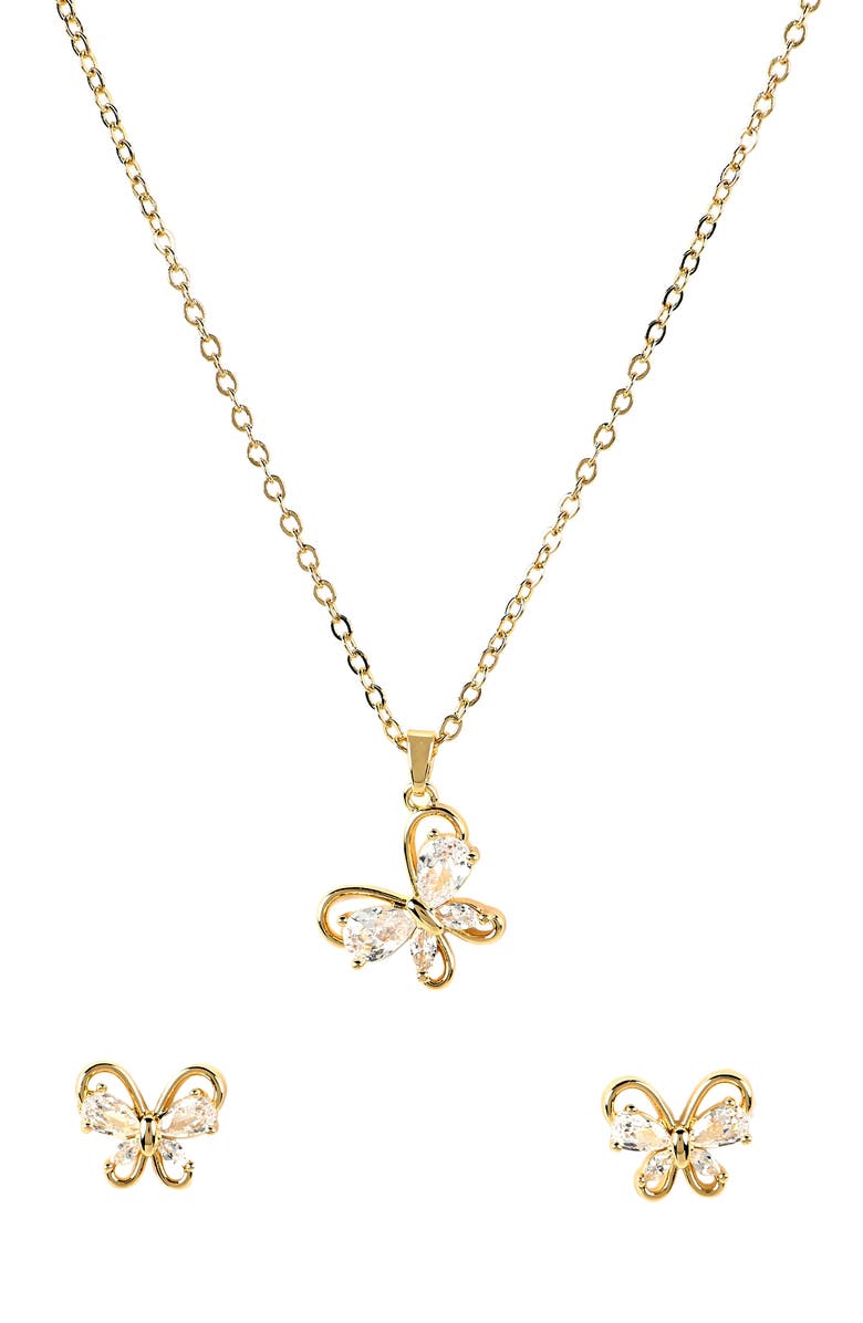Danecraft Cubic Zirconia Butterfly Pendant Necklace & Stud Earrings Set, Alternate, color, Metallic Gold