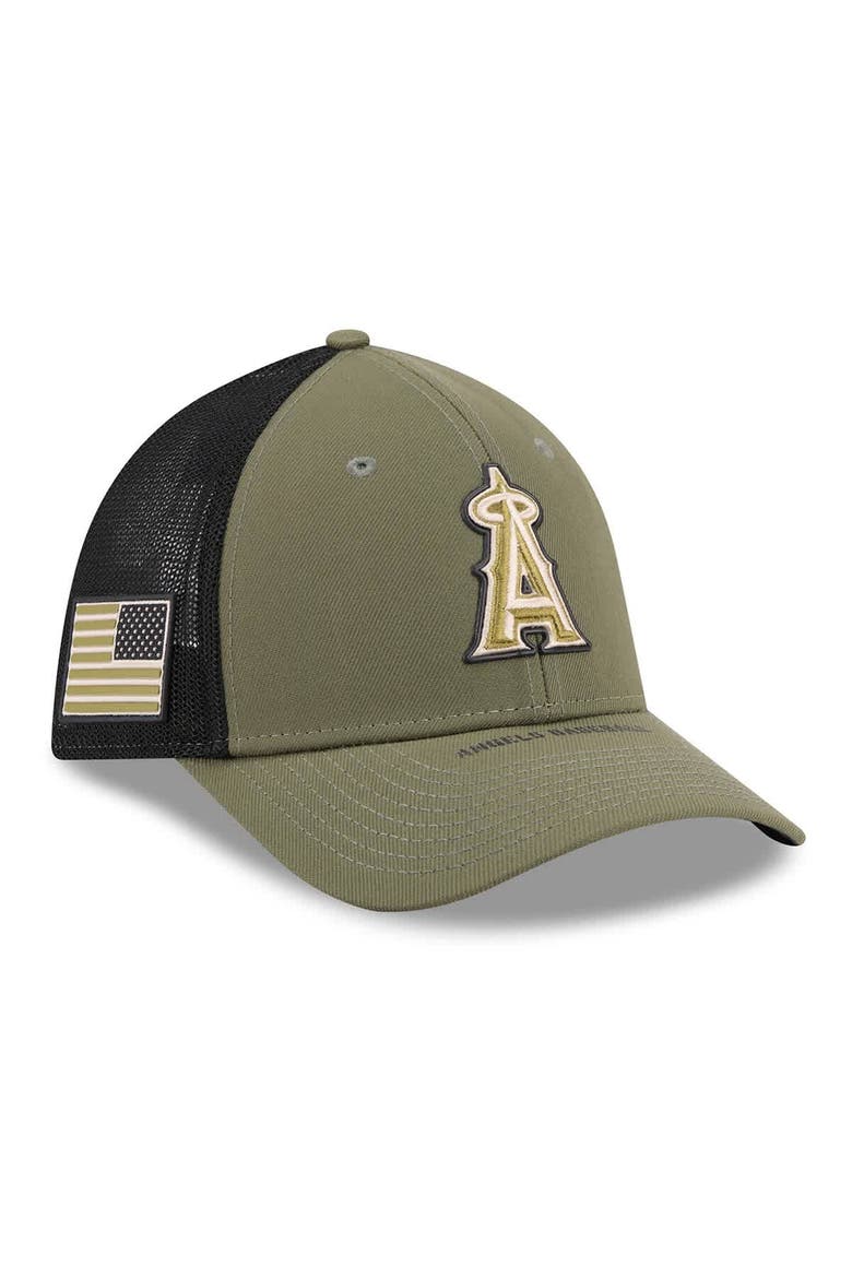 Men's New Era  Olive Los Angeles Angels 2026 Armed Forces Day 39THIRTY M-Crown Flex Hat, Main, color, Olive
