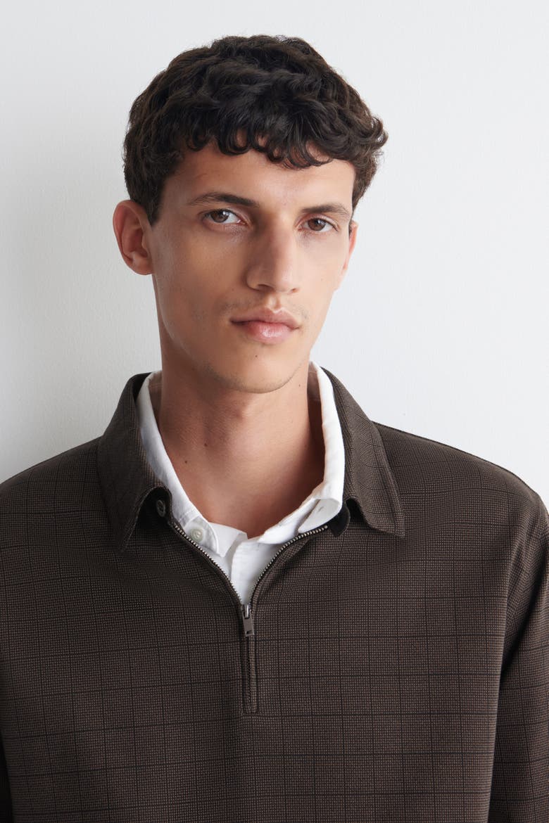Checked Cotton Jacquard Zip-Up Polo Shirt, Alternate, color, BROWN / CHECKED
