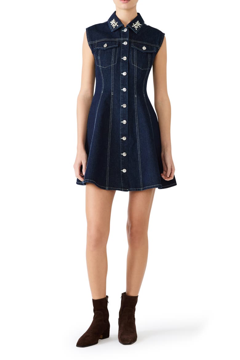 Carmelia Faux Pearl & Rhinestone Detail Denim Minidress, Main, color, BIJOU BLUE