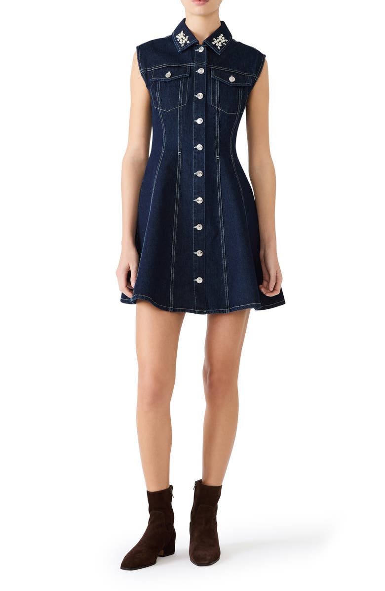 Steve Madden Carmelia Faux Pearl & Rhinestone Detail Denim Minidress, Main, color, Bijou Blue